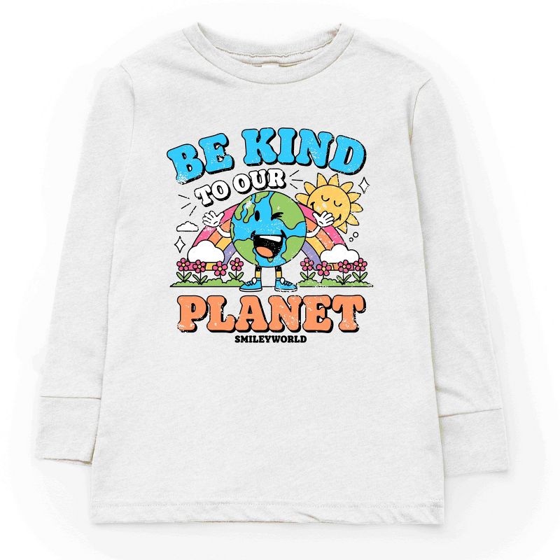 تي شيرت بأكمام طويلة مطبوع عليه شعار قوس قزح للشباب من متجر جونيبر، SmileyWorld، كن لطيفًا مع كوكبنا