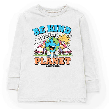 تي شيرت بأكمام طويلة مطبوع عليه شعار قوس قزح للشباب من متجر جونيبر، SmileyWorld، كن لطيفًا مع كوكبنا