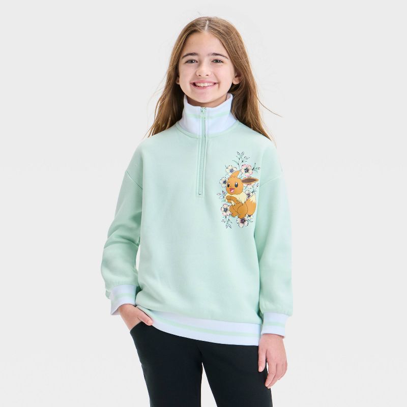 سويت شيرت بسحاب ربع بوصة بتصميم بوكيمون أزهار للفتيات - أبيض/أخضر ليموني