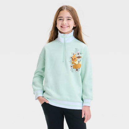 سويت شيرت بسحاب ربع بوصة بتصميم بوكيمون أزهار للفتيات - أبيض/أخضر ليموني