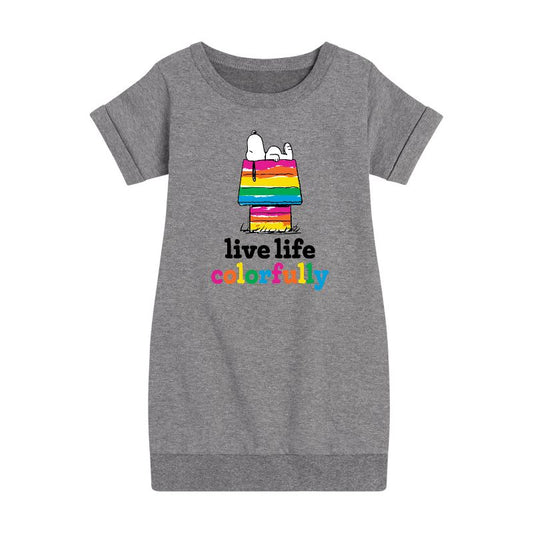 Girls' - Peanuts - Live Life Colorfully Graphic Short Sleeve Fleece Dress