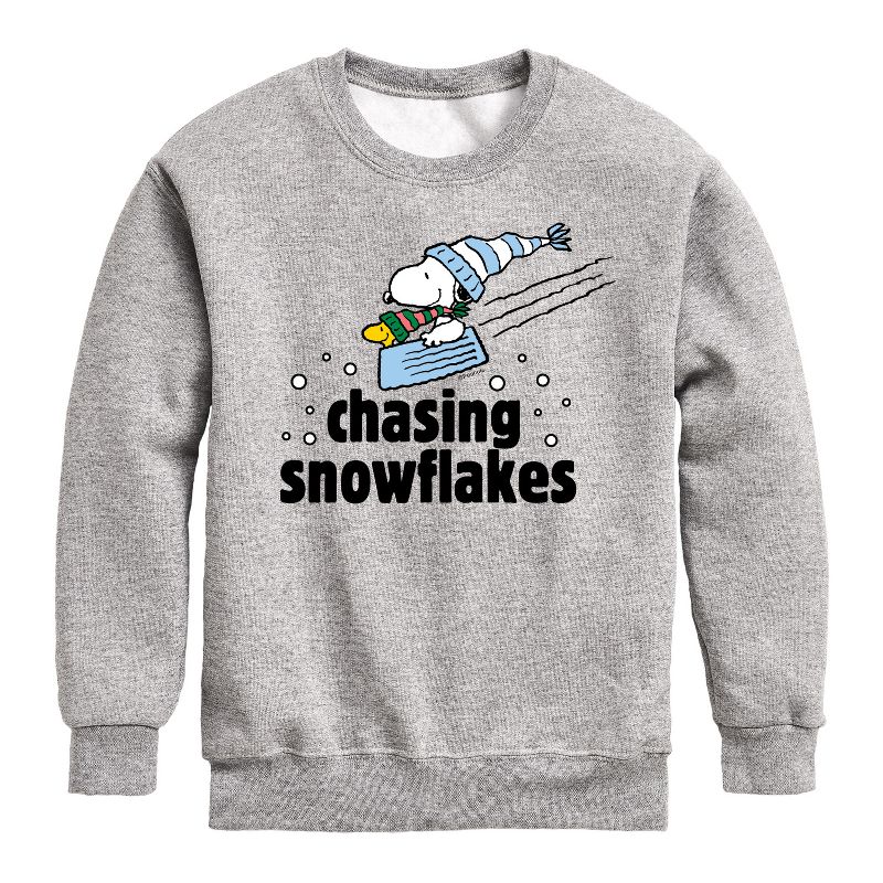 Boys' - Peanuts - Snoopy & Woodstock Chasing Snowflakes Christmas Graphic Long Sleeve Fleece Sweatshirt