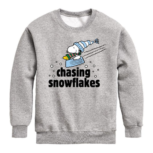 Boys' - Peanuts - Snoopy & Woodstock Chasing Snowflakes Christmas Graphic Long Sleeve Fleece Sweatshirt