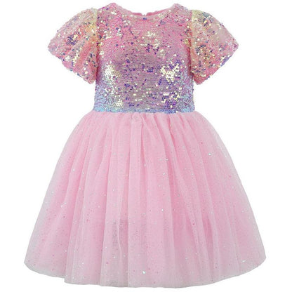 2Bunnies Girls' Ombre Sequin Sparkle Tulle Puff Sleeve Dress