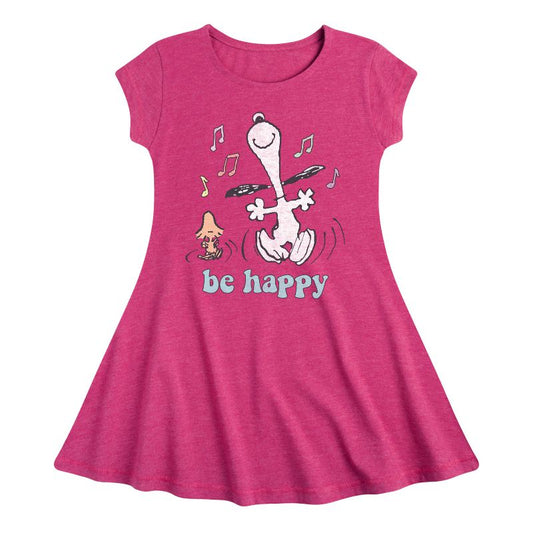 Girls' - Peanuts - Be Happy Snoopy And Woodstock Fit & Flair Cap Sleeve Dress