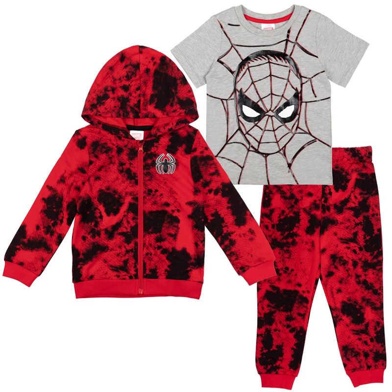Marvel Spider-Man French Terry Zip Up Hoodie, T-Shirt and Pants 3 Piece Outfit Set