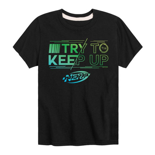تي شيرت NERF للأولاد بأكمام قصيرة مطبوع عليه عبارة "حاول مواكبة لعبة NERF"