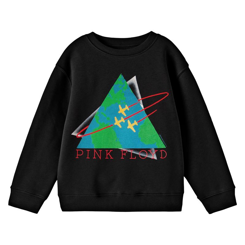 Pink Floyd Triangle Earth With Airplanes Logo Youth Black Crew Neck Sweatshirt