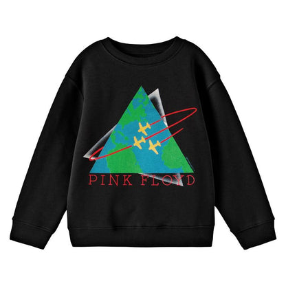 Pink Floyd Triangle Earth With Airplanes Logo Youth Black Crew Neck Sweatshirt