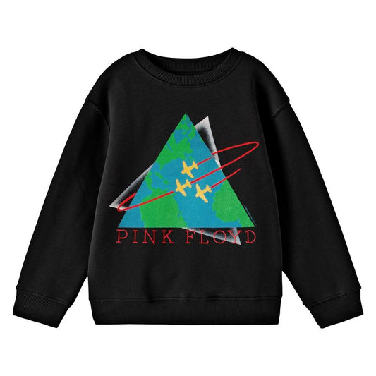 Pink Floyd Triangle Earth With Airplanes Logo Youth Black Crew Neck Sweatshirt