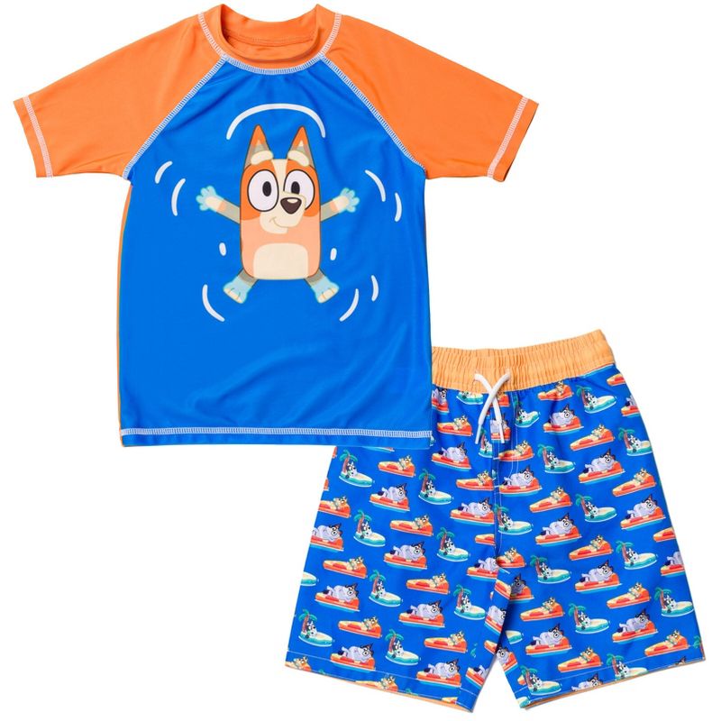 Bluey UPF 50+ Pullover Rash Guard and Swim Trunks Outfit Set Little Kid