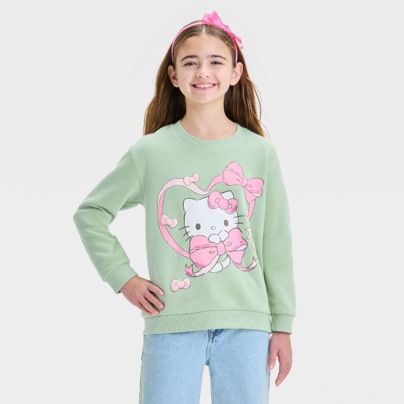سويت شيرت بناتي من الصوف الناعم بياقة دائرية وطبعة هالو كيتي - أخضر