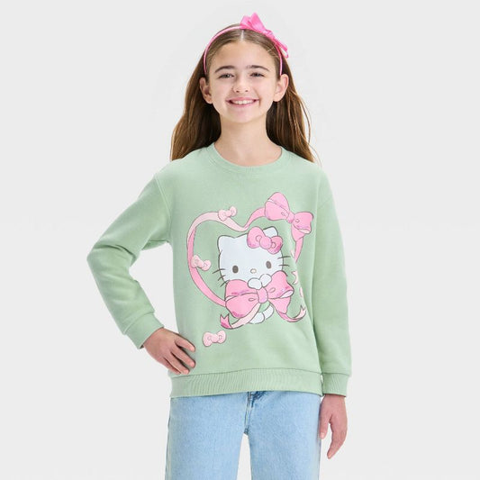 سويت شيرت بناتي من الصوف الناعم بياقة دائرية وطبعة هالو كيتي - أخضر