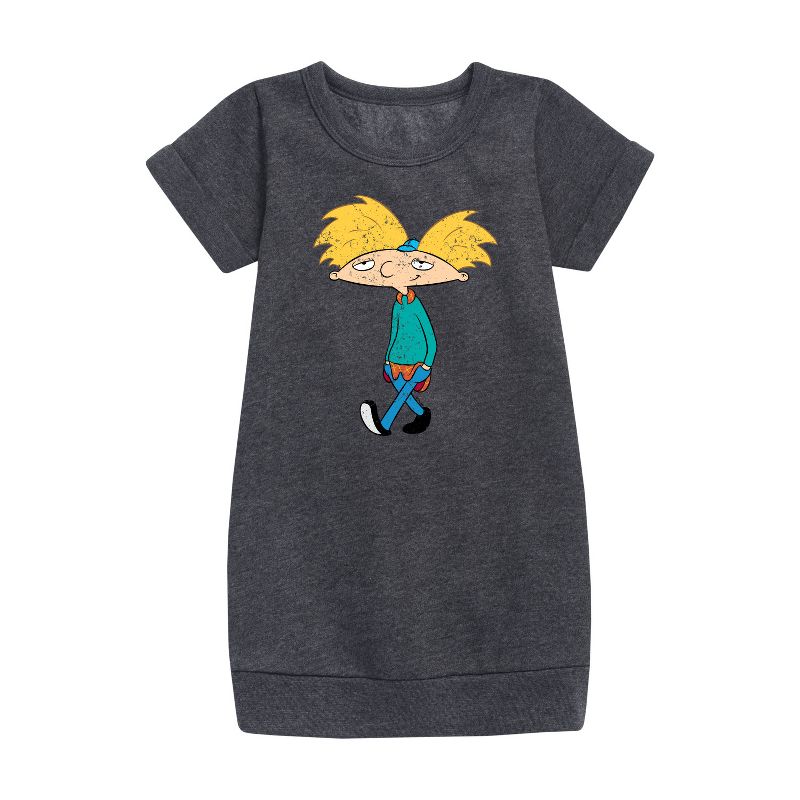 Girls' - Hey Arnold! - Distressed Arnold Graphic Short Sleeve Fleece Dress