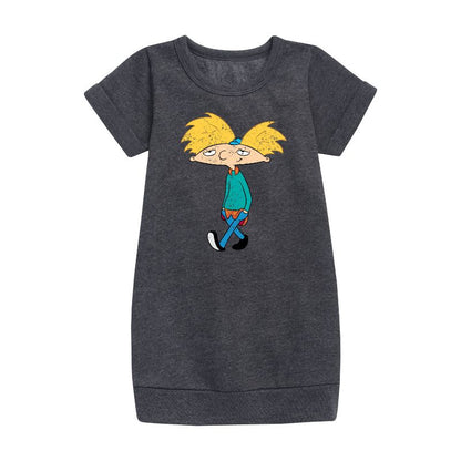 Girls' - Hey Arnold! - Distressed Arnold Graphic Short Sleeve Fleece Dress