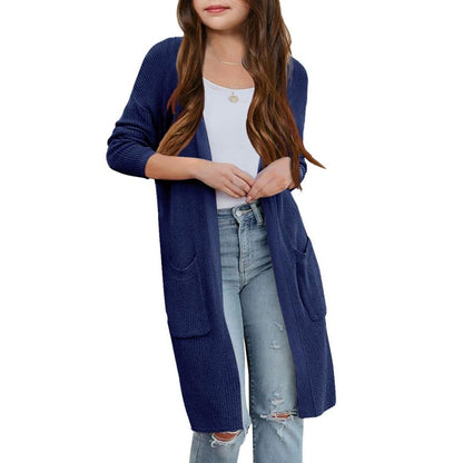Girl's Open Front Cardigan Long Sleeve Knit Sweaters Kids Lightweight Cute Casual Loose Outerwear Coats with Pockets