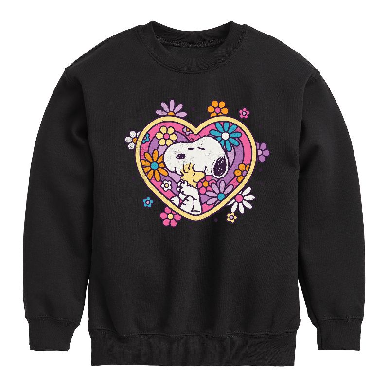 Boys' - Peanuts - Hug Heart Flower Graphic Long Sleeve Fleece Sweatshirt