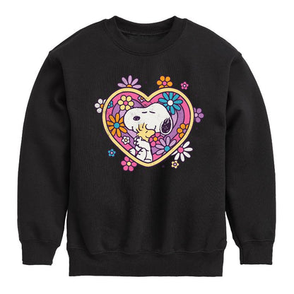 Boys' - Peanuts - Hug Heart Flower Graphic Long Sleeve Fleece Sweatshirt