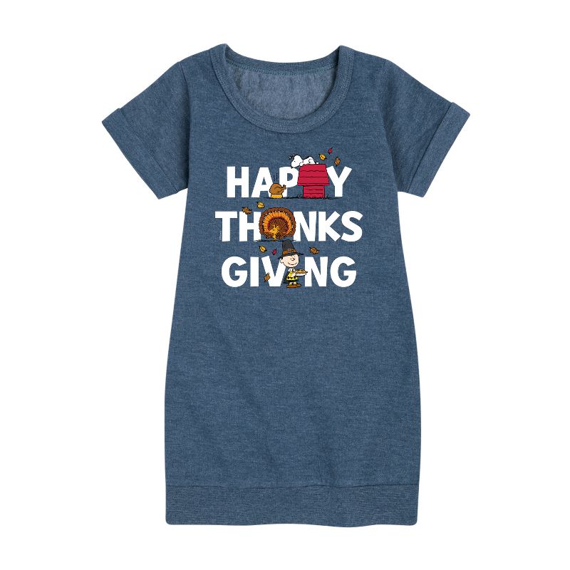 Girls' - Peanuts - Happy Thanksgiving Icons Graphic Short Sleeve Fleece Dress