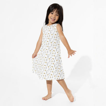 فستان بيلابو بير كيدز ميلك آند كوكيز أبيض من الخيزران للبنات بدون أكمام
