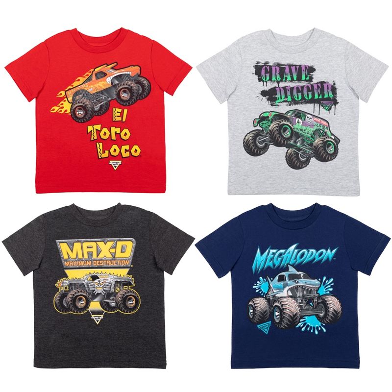 Monster Jam Grave Digger El Toro Loco Megalodon 4 Pack T-Shirts