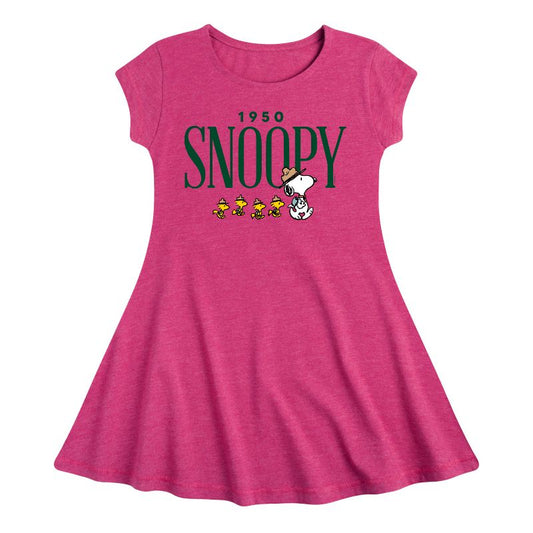 Girls' - Peanuts - 1950's Camper Snoopy Fit & Flair Cap Sleeve Dress