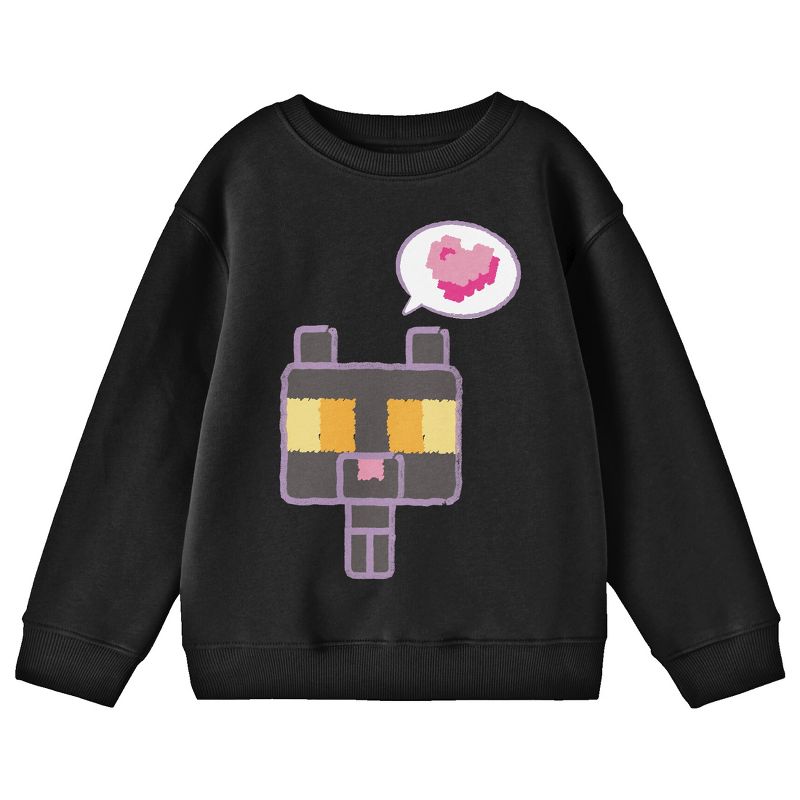 Minecraft Block Kitten With Heart Youth Black Crew Neck Sweatshirt