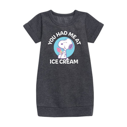 Girls' - Peanuts - You Had Me At Ice Cream Graphic Short Sleeve Fleece Dress