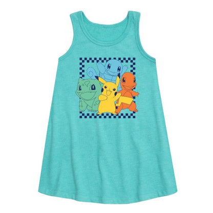 فستان بناتي من بوكيمون فريندز بتصميم مربعات جرافيكية بدون أكمام