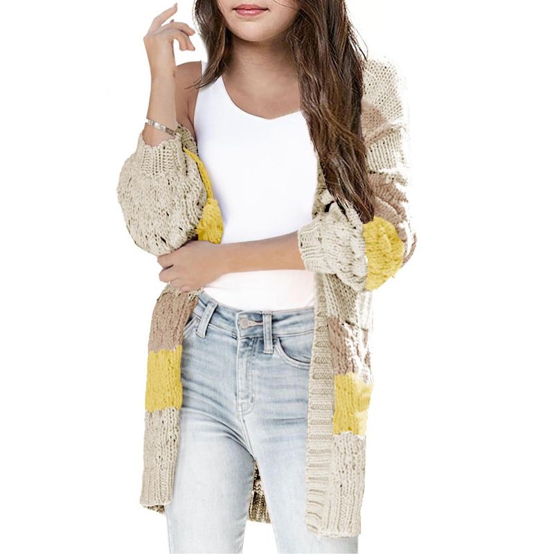 Girls Sweater Cardigan Open Front Longline Sweater Cable Knit Sweater Long Sleeve Color Block Sweater