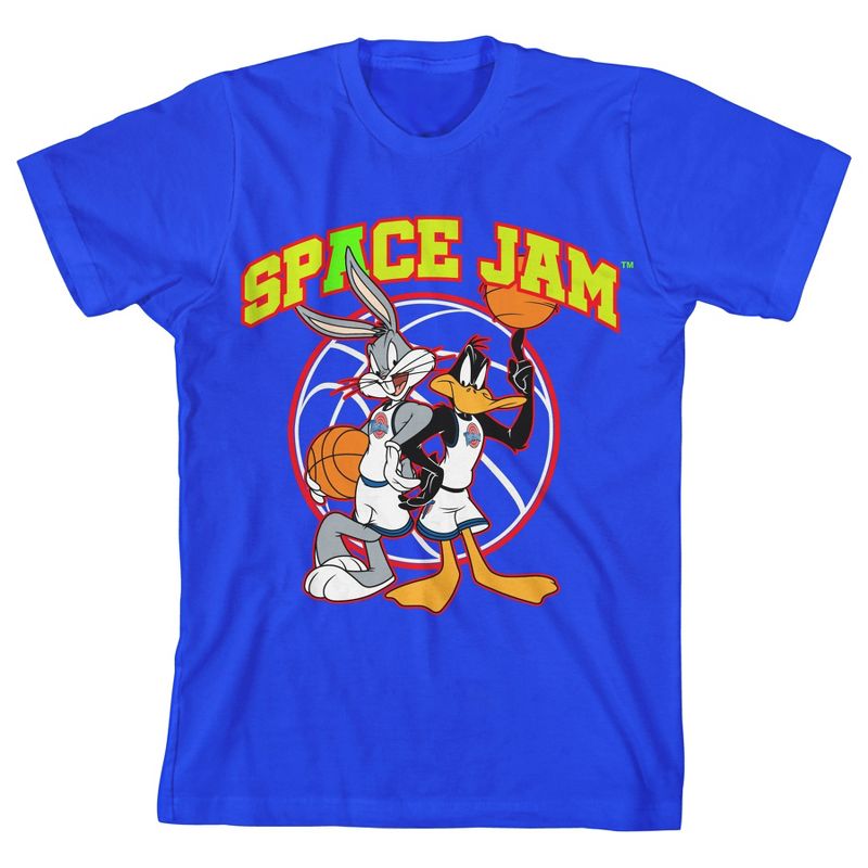 تي شيرت شبابي أزرق ملكي برسومات من Bioworld Space Jam 1996 نص جامعي مع باغز باني ودافي داك
