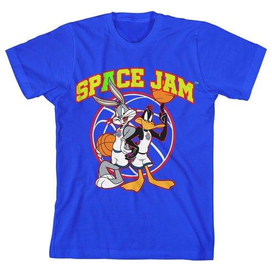 تي شيرت شبابي أزرق ملكي برسومات من Bioworld Space Jam 1996 نص جامعي مع باغز باني ودافي داك