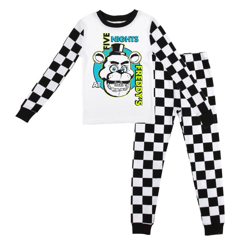Five Nights At Freddy's Freddy Fazbear Face Youth Boy's Black & White Checkered Long Sleeve Shirt & Sleep Pants Set