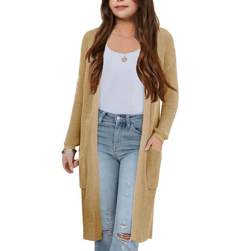 Girls Knee Length Cardigan Long Sleeve Open Front Sweater with Side Pockets