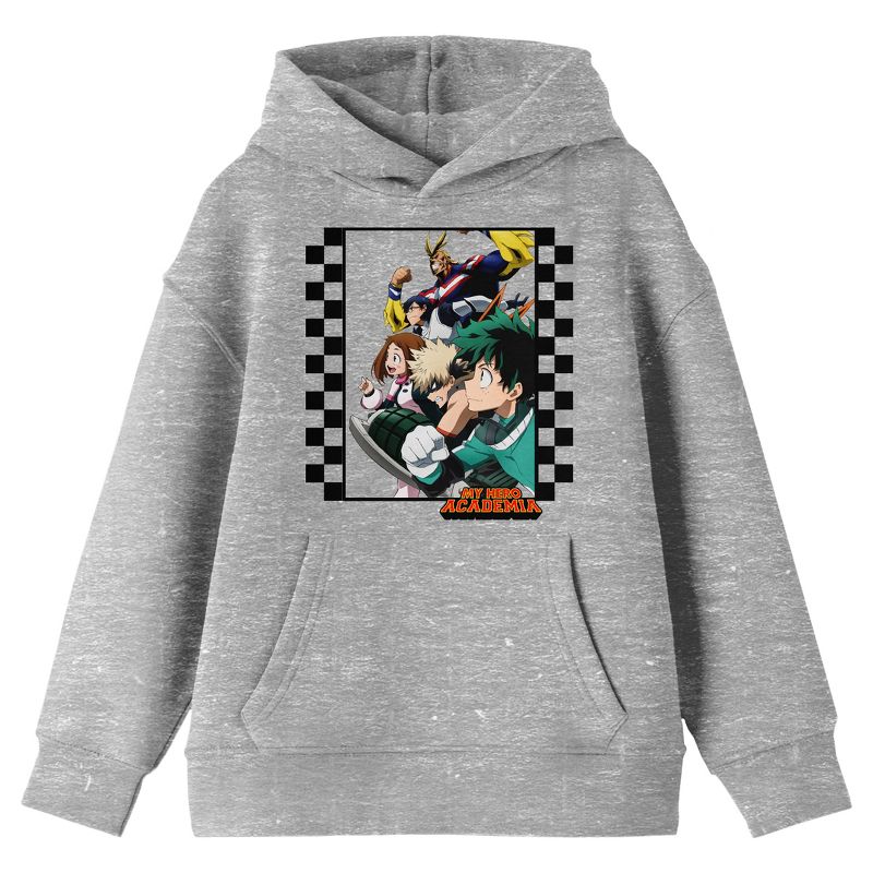My Hero Academia Group Art Checkered Frame Long Sleeve Athletic Heather Youth Hooded Sweatshirt