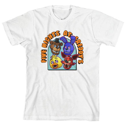Five Nights At Freddy's Character Heads Arch Text Crew Neck Short Sleeve Boy's White T-shirt