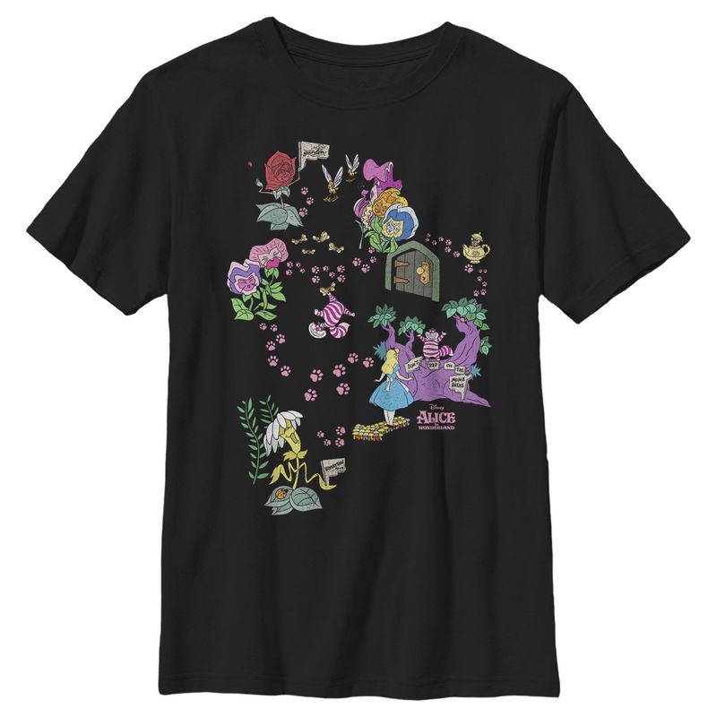 Boy's Alice in Wonderland Map Of Cheshire Cat Paw Prints T-Shirt
