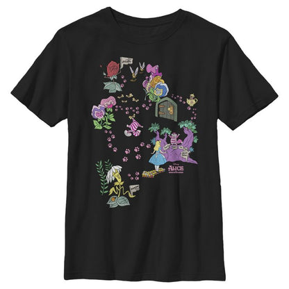 Boy's Alice in Wonderland Map Of Cheshire Cat Paw Prints T-Shirt