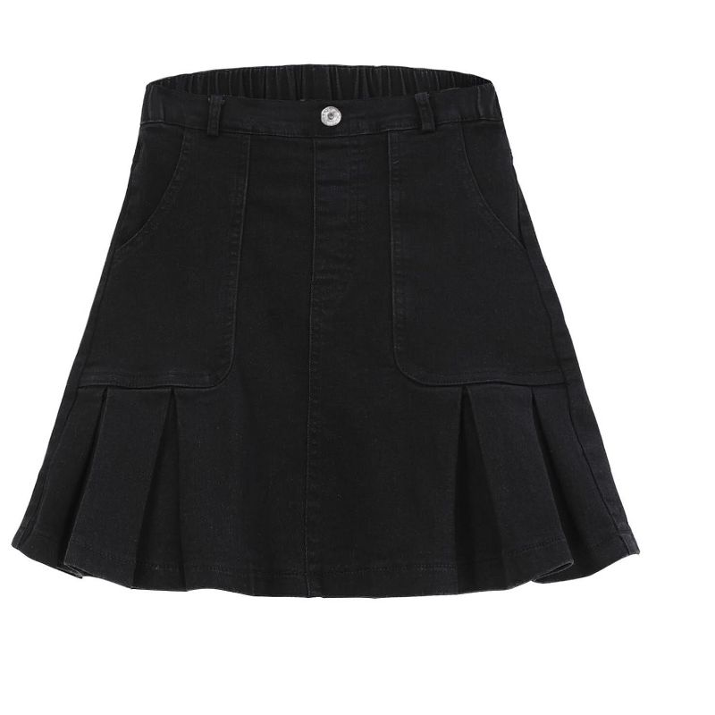 Girls Denim Skirts with Side Pockets Pleated Hem Skirts Casual Mini Denim Skirts