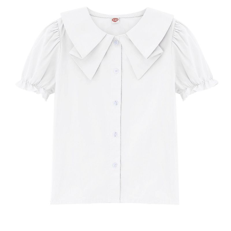 Girls Short Sleeve Peter Pan Blouse Puff Sleeve Button Down Shirt School Uniform Blouse 3-12 Years