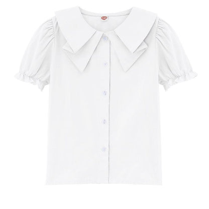 Girls Short Sleeve Peter Pan Blouse Puff Sleeve Button Down Shirt School Uniform Blouse 3-12 Years