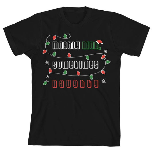 Santa's Favorite Mostly Nice Sometimes Naughty String Lights Youth Black Short Sleeve Crew Neck Tee