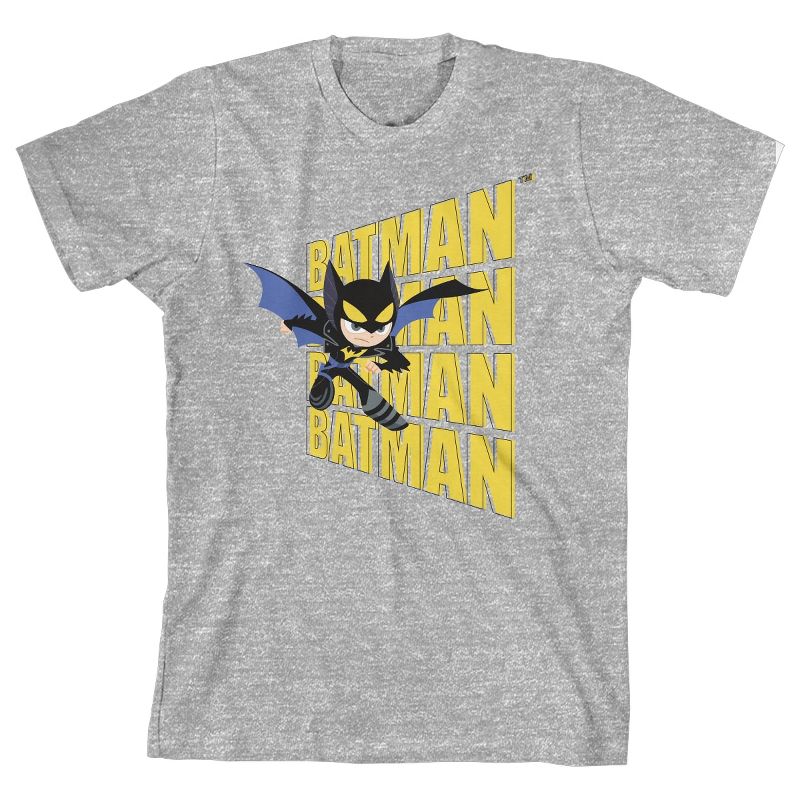 Youth Boys DC Comic Book Batman Repeat Text Athletic Grey Graphic Tee Shirt