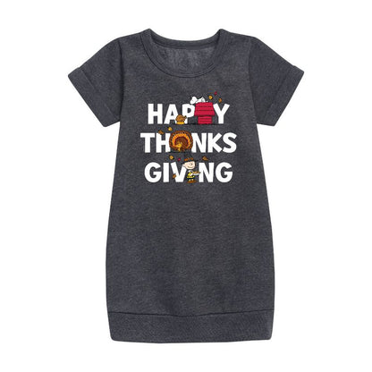 Girls' - Peanuts - Happy Thanksgiving Icons Graphic Short Sleeve Fleece Dress
