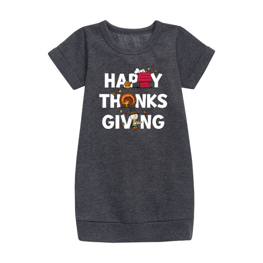 Girls' - Peanuts - Happy Thanksgiving Icons Graphic Short Sleeve Fleece Dress