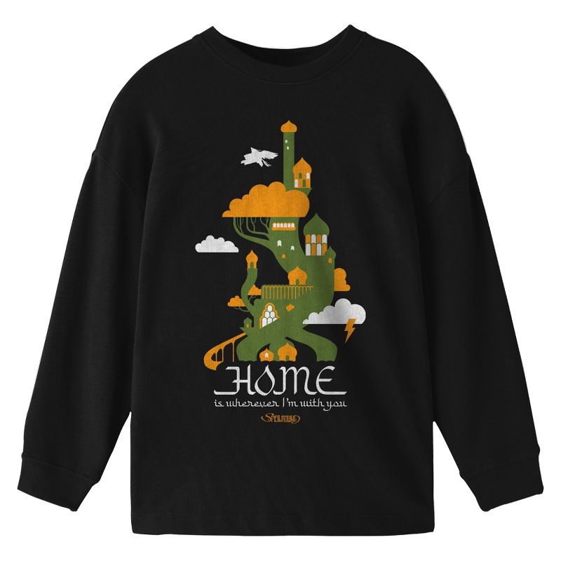 Spellbound Treehouse Clouds Home Youth Black Crew Neck Long Sleeve Tee