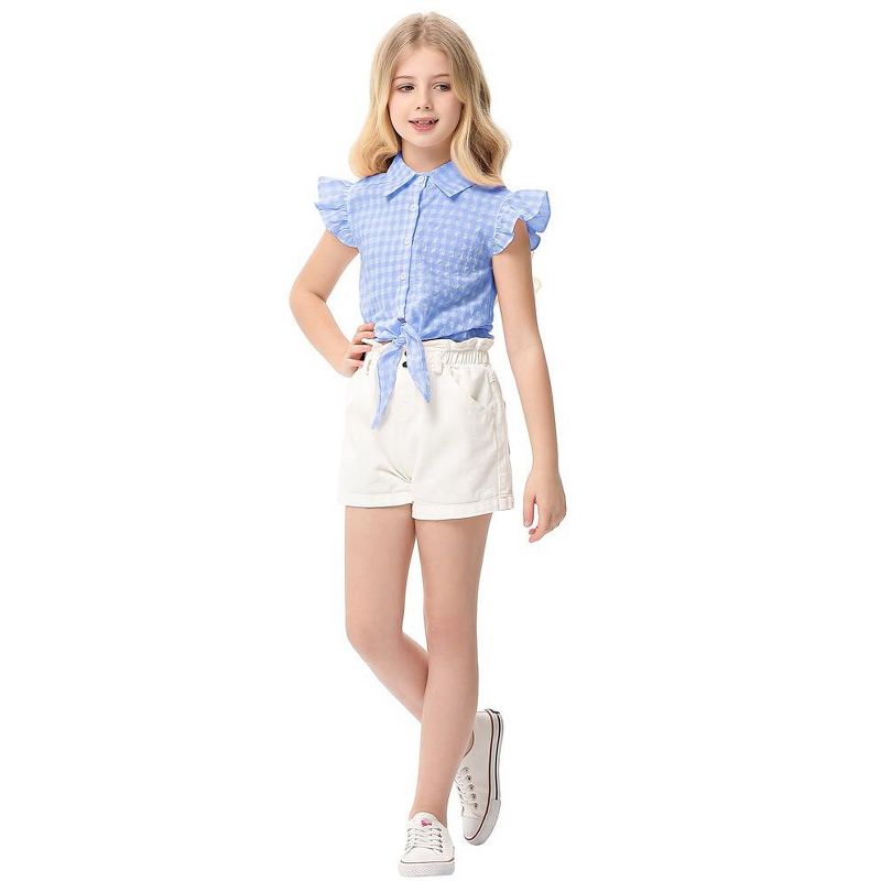 Girls Tie Front Knot Tops with Ruffle Sleeve Plaid Tops Tie Front Blouse Short Sleeve Button Down Shirts for Toddler Girls