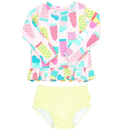 RuffleButts Toddler Girls Long Sleeve Ruffle Hem UPF50+ Rash Guard Bikini