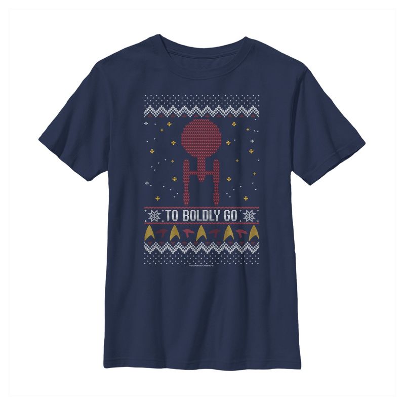 Boy's Star Trek Ugly Christmas Enterprise Boldly Go T-Shirt