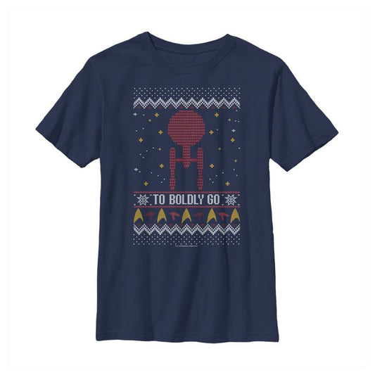 Boy's Star Trek Ugly Christmas Enterprise Boldly Go T-Shirt